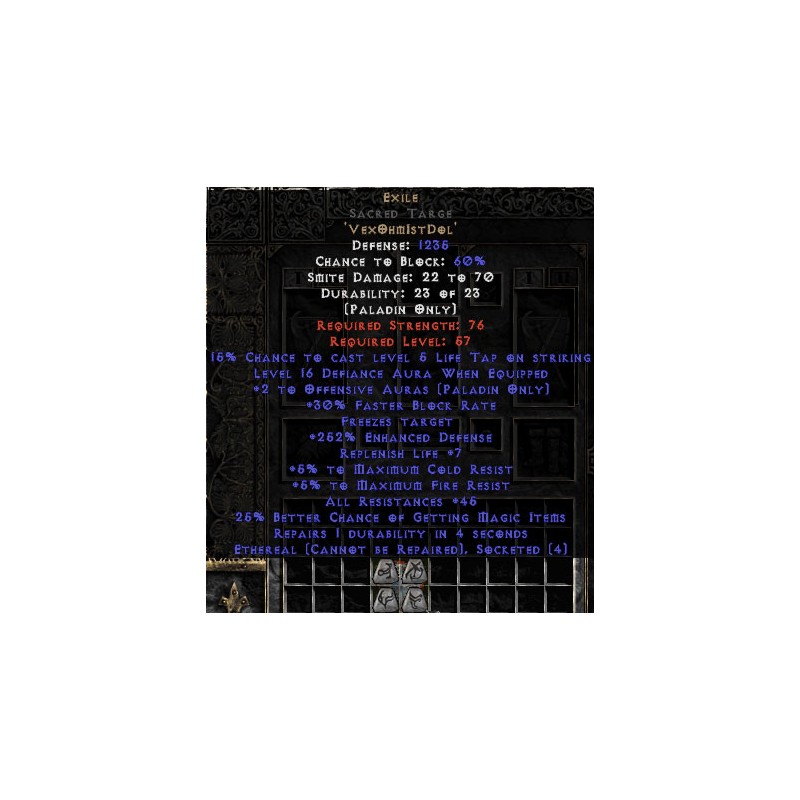 Exile Sacred Targe - Ethereal Bugged - 35+ To All Resistance - 220-260 ED